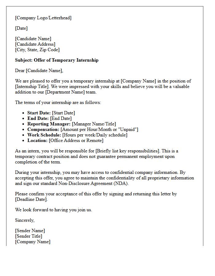 Temporary Contract Internship Placement Offer Letter