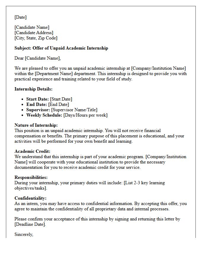 Unpaid Academic Internship Placement Offer Letter