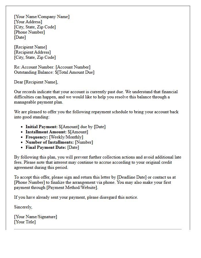 Consumer Credit Past Due Payment Plan Offer Letter
