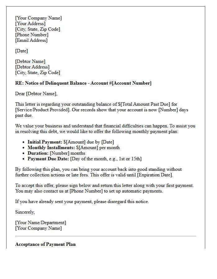 Delinquent Balance Past Due Payment Plan Offer Letter