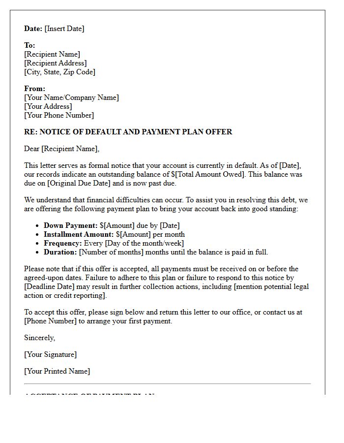 Notice of Default Past Due Payment Plan Offer Letter