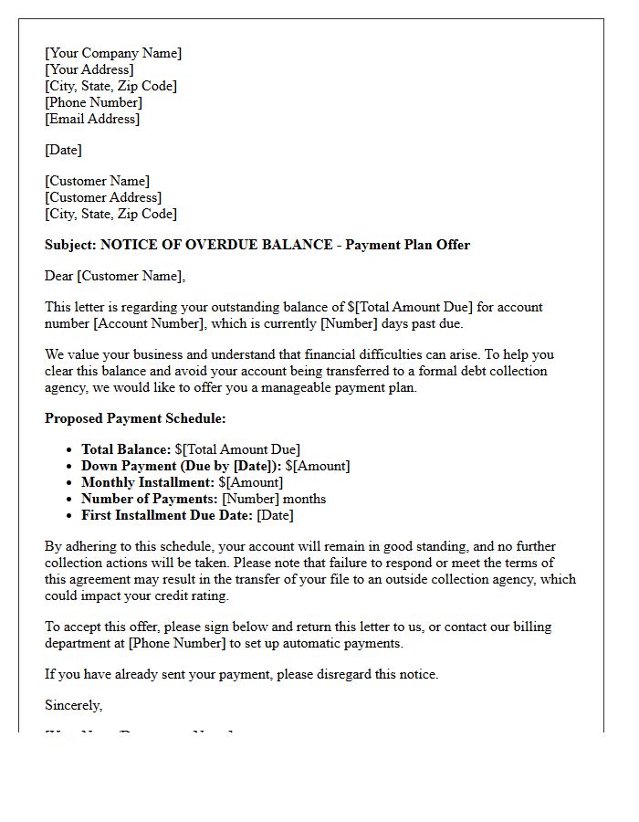Pre-Collection Past Due Payment Plan Offer Letter