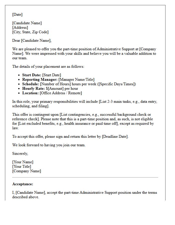 Part-Time Administrative Support Placement Offer Letter