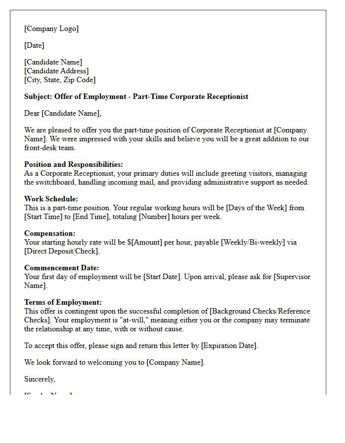 Part-Time Corporate Receptionist Placement Offer Letter