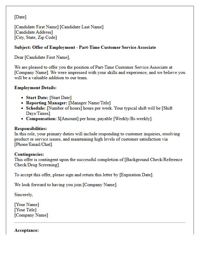 Part-Time Customer Service Associate Placement Offer Letter