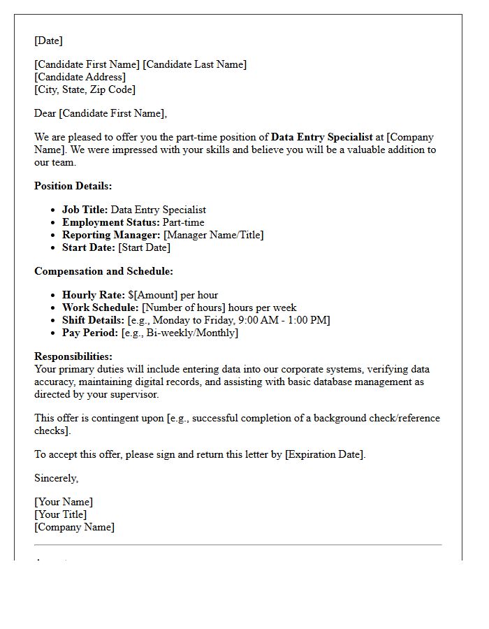 Part-Time Data Entry Specialist Placement Offer Letter