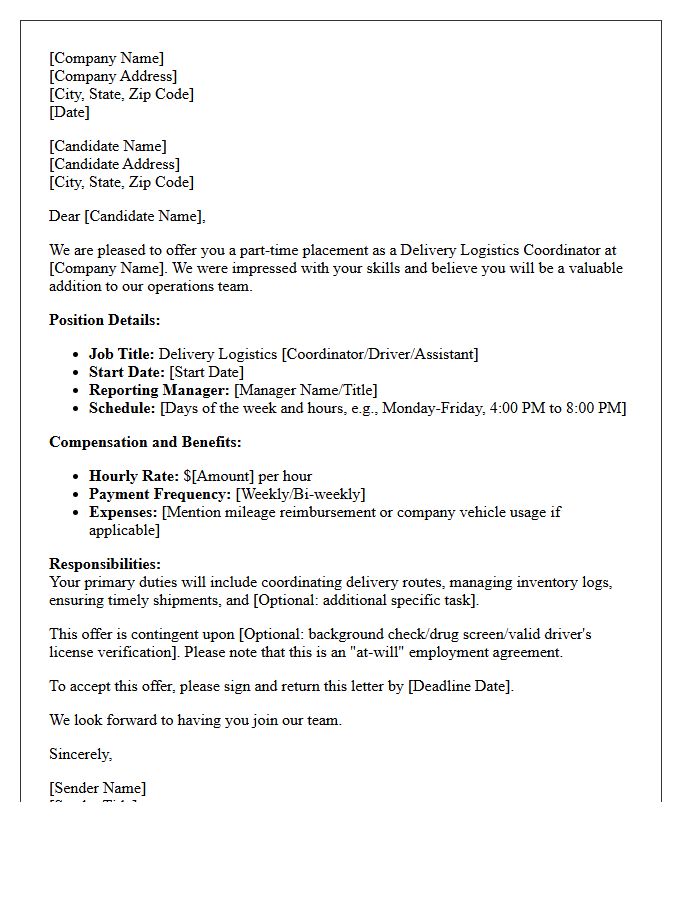 Part-Time Delivery Logistics Placement Offer Letter