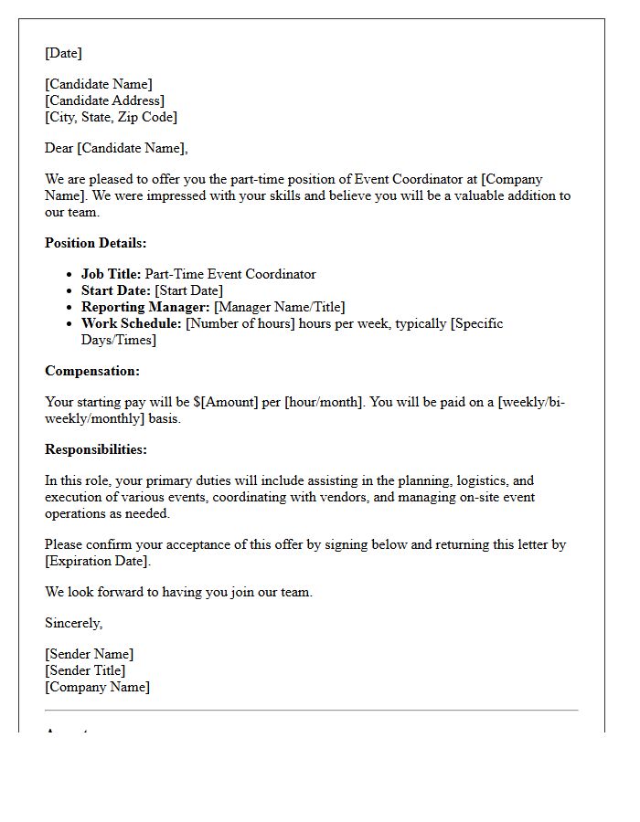 Part-Time Event Coordinator Placement Offer Letter