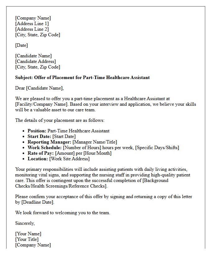 Part-Time Healthcare Assistant Placement Offer Letter