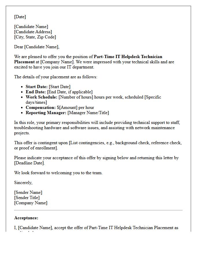 Part-Time IT Helpdesk Technician Placement Offer Letter