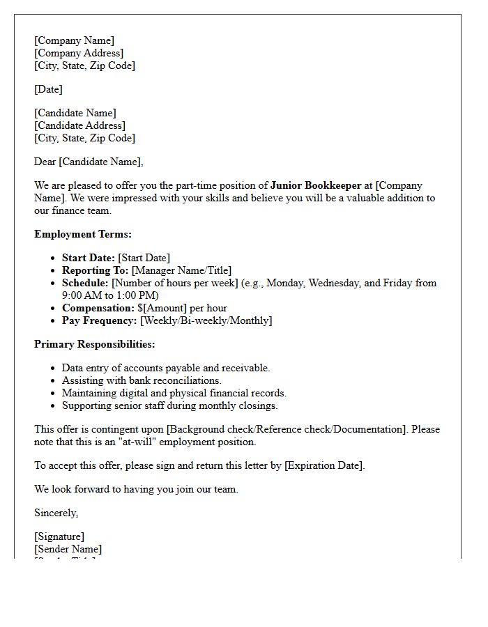 Part-Time Junior Bookkeeper Placement Offer Letter