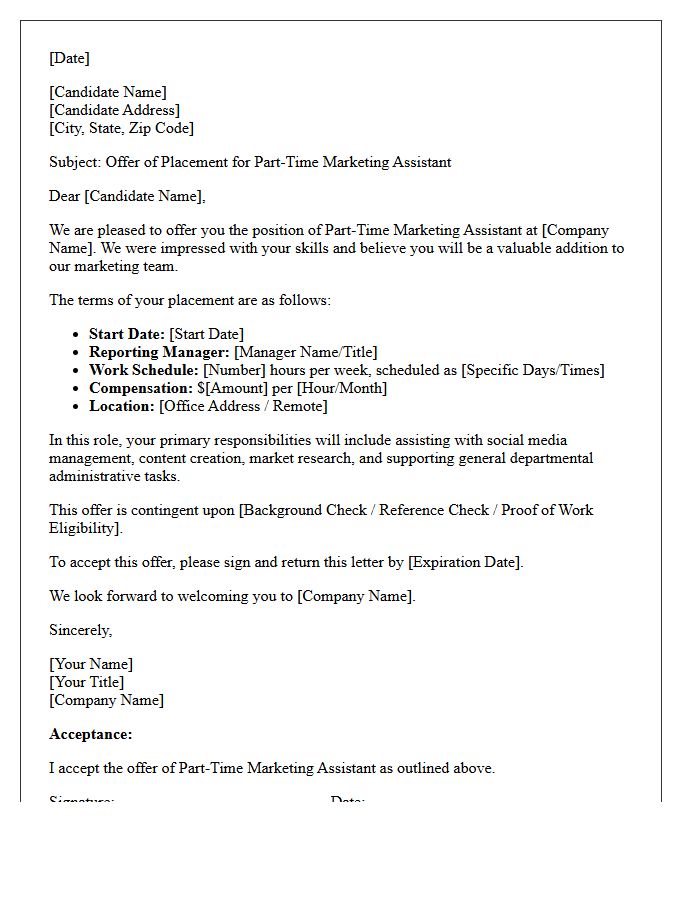Part-Time Marketing Assistant Placement Offer Letter