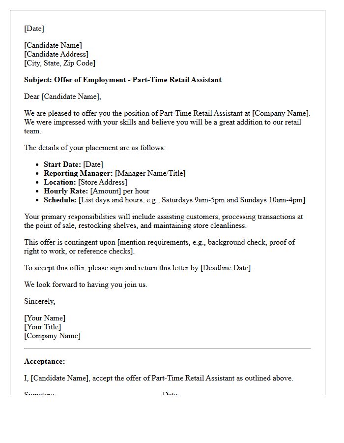 Part-Time Retail Assistant Placement Offer Letter