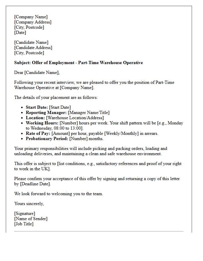 Part-Time Warehouse Operative Placement Offer Letter