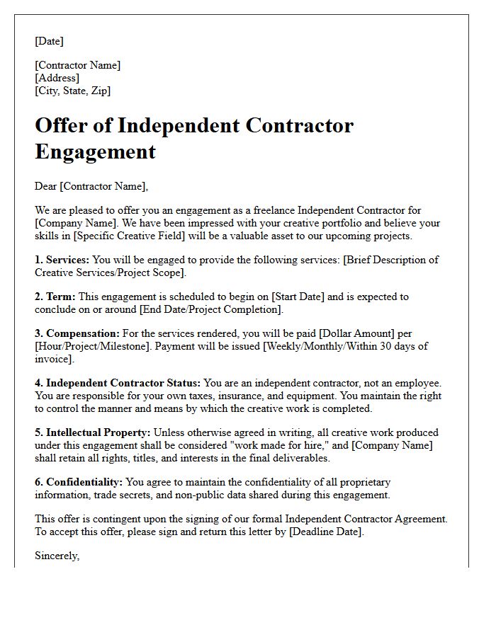 Creative Freelance Independent Contractor Placement Offer Letter