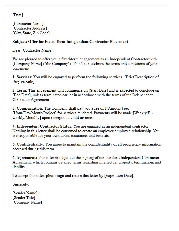 Fixed-Term Independent Contractor Placement Offer Letter