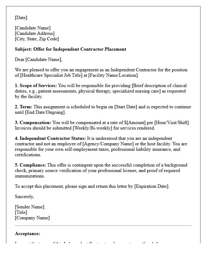 Healthcare Specialist Independent Contractor Placement Offer Letter