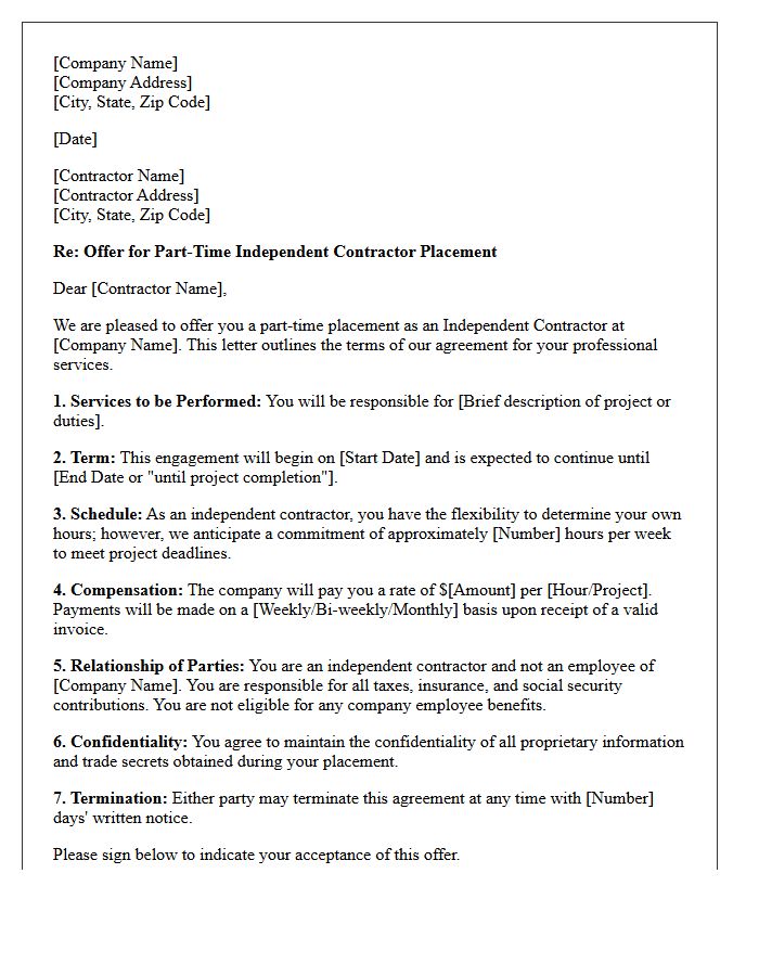 Part-Time Independent Contractor Placement Offer Letter