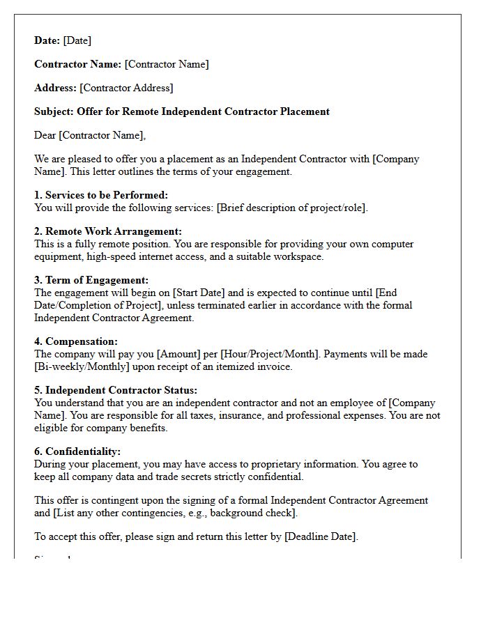 Remote Independent Contractor Placement Offer Letter