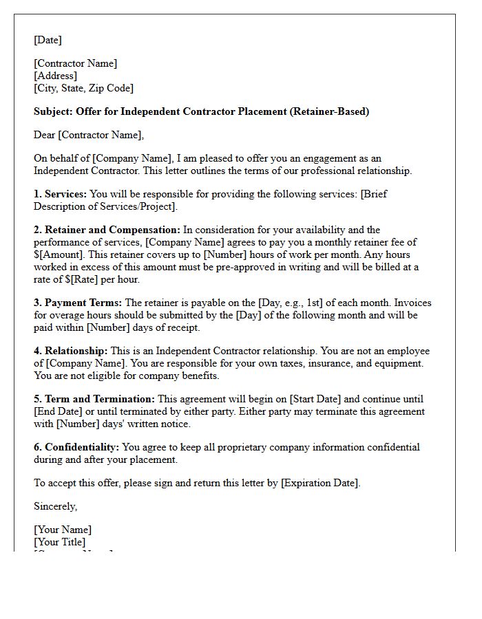 Retainer-Based Independent Contractor Placement Offer Letter