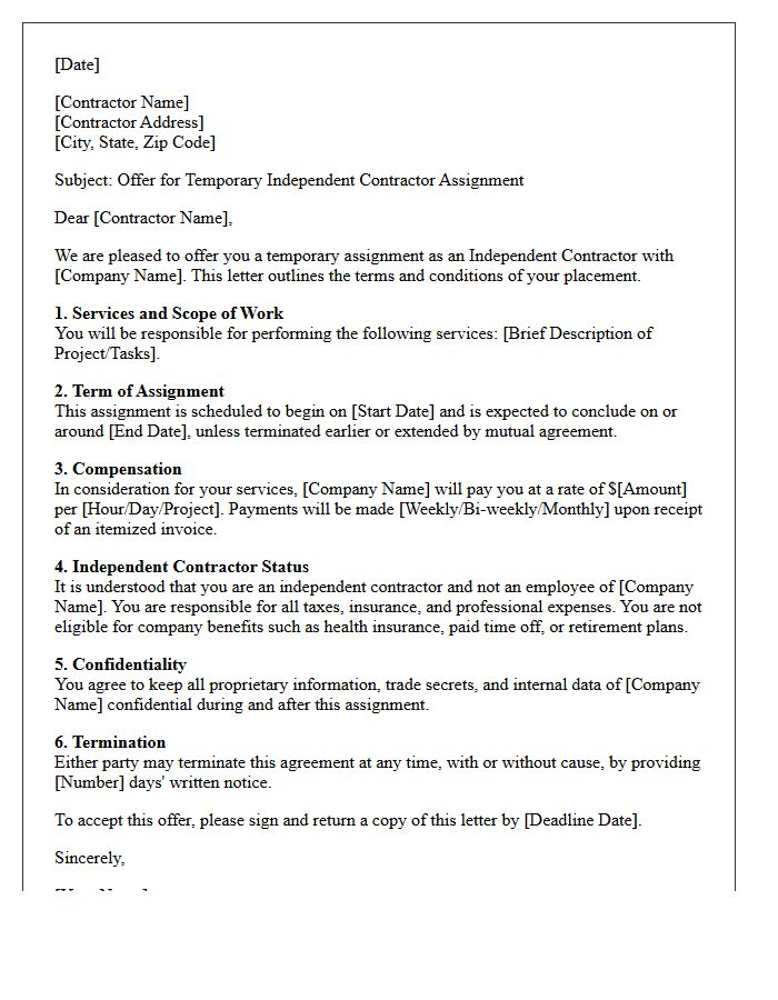 Temporary Assignment Independent Contractor Placement Offer Letter