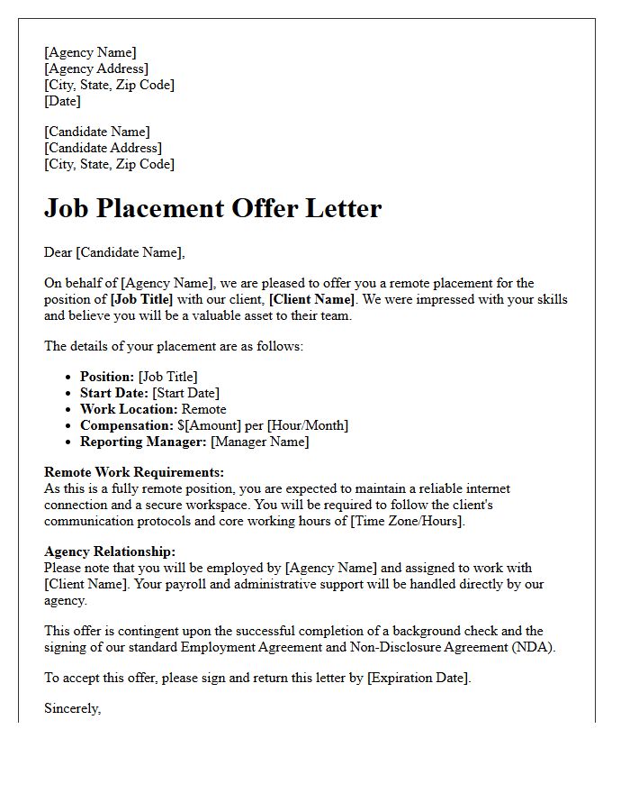 Agency Remote Job Placement Offer Letter