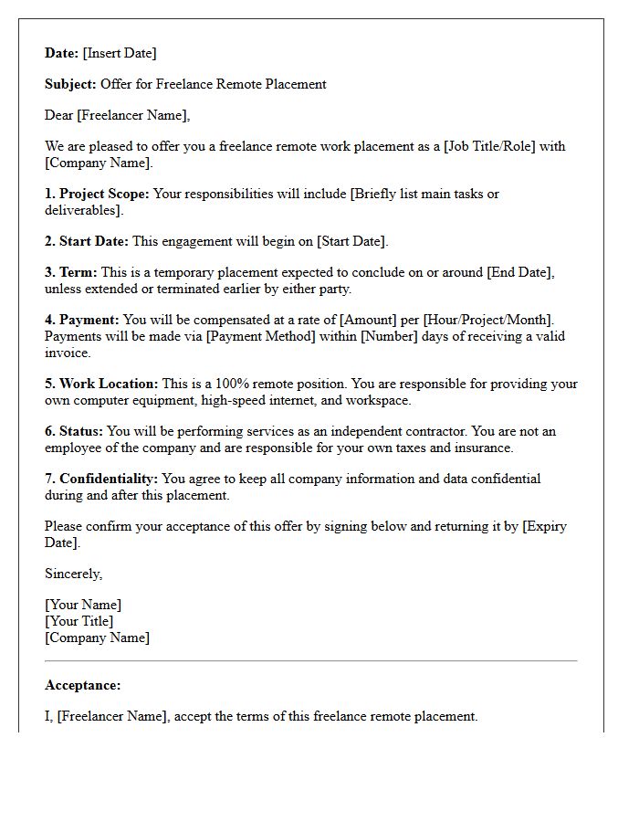 Freelance Remote Work Placement Offer Letter
