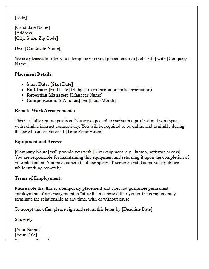 Temporary Remote Placement Offer Letter