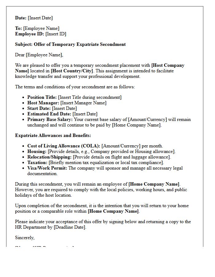 Temporary Expatriate Secondment Placement Offer Letter