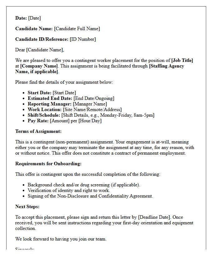 Contingent Worker Volume Hiring Placement Offer Letter