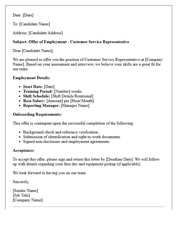 Customer Service Volume Hiring Placement Offer Letter