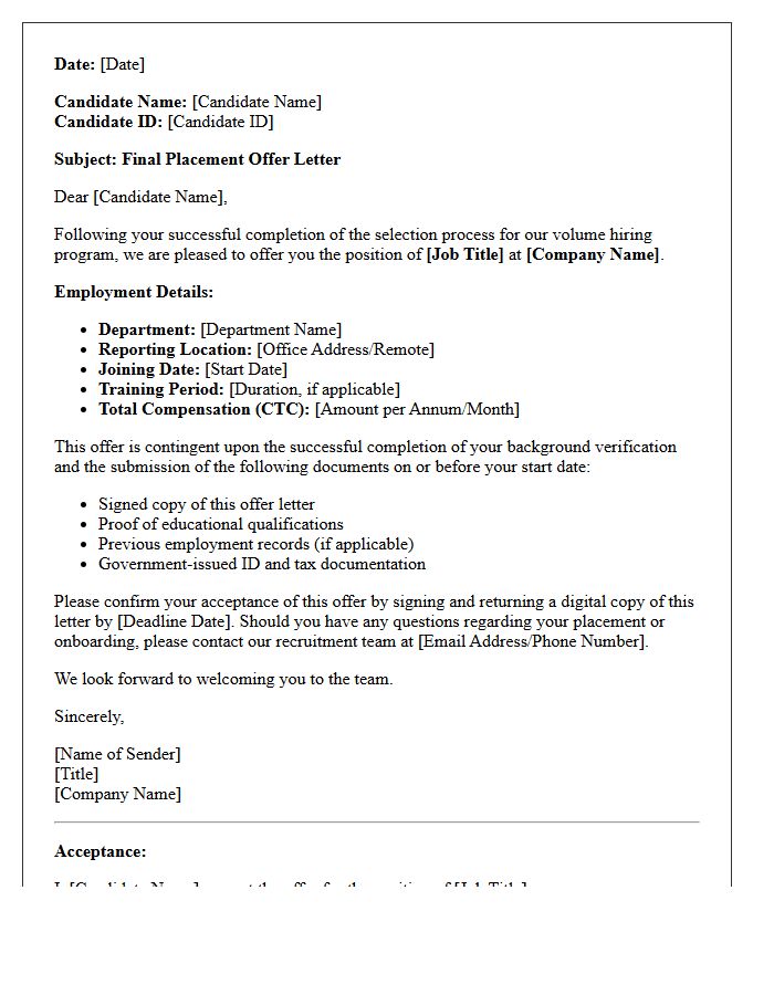 Final Volume Hiring Placement Offer Letter