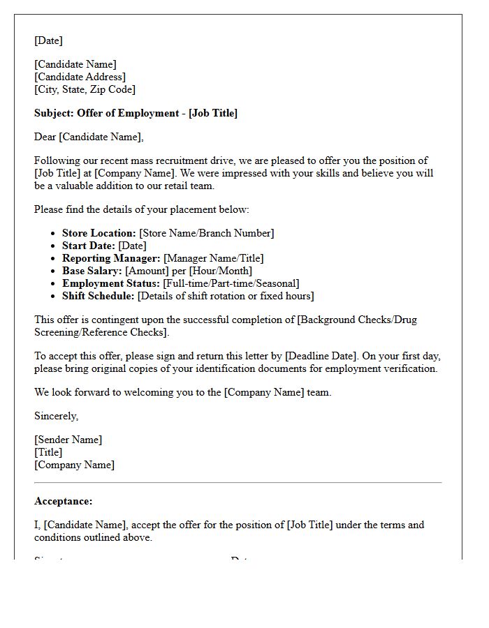 Retail Mass Recruitment Placement Offer Letter