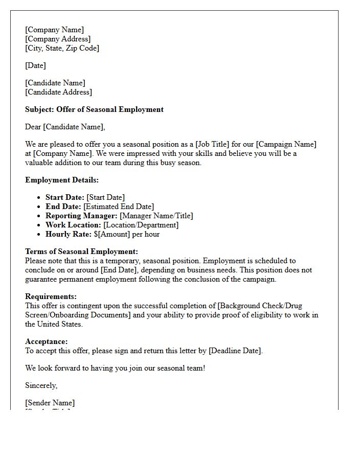 Seasonal Campaign Volume Hiring Placement Offer Letter