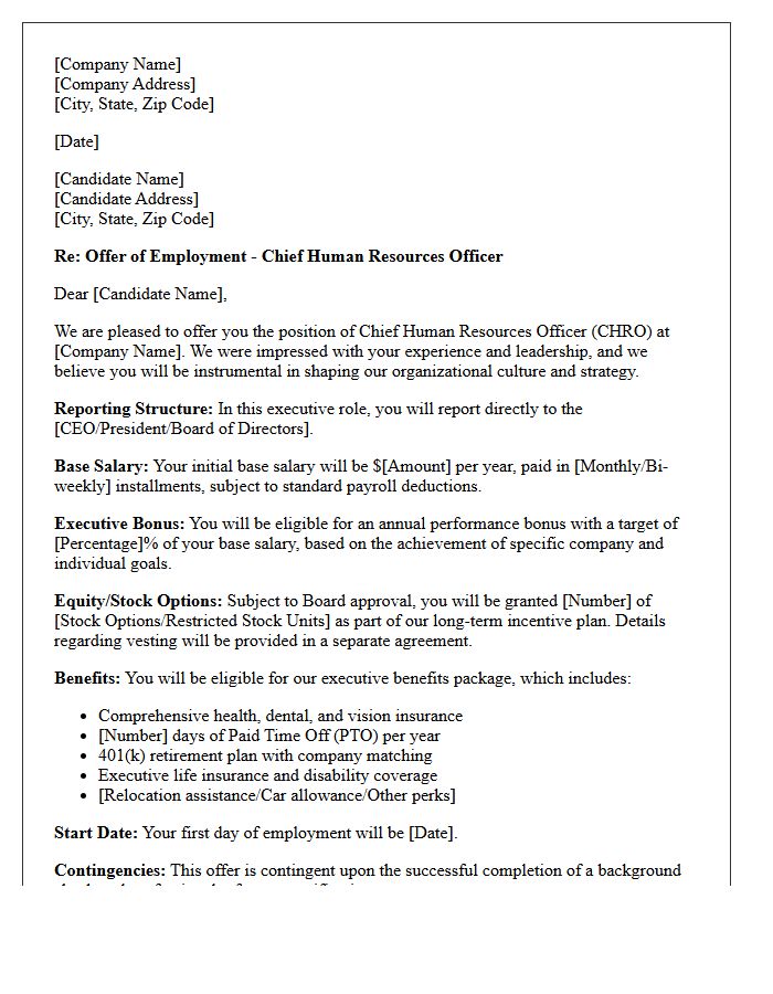 Chief Human Resources Officer Placement Offer Letter