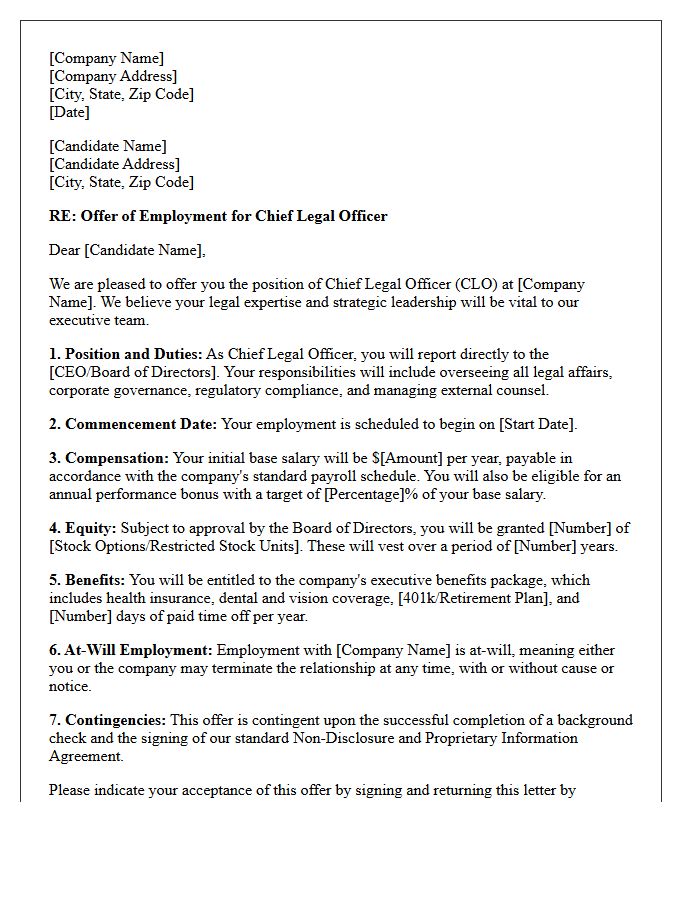 Chief Legal Officer Placement Offer Letter