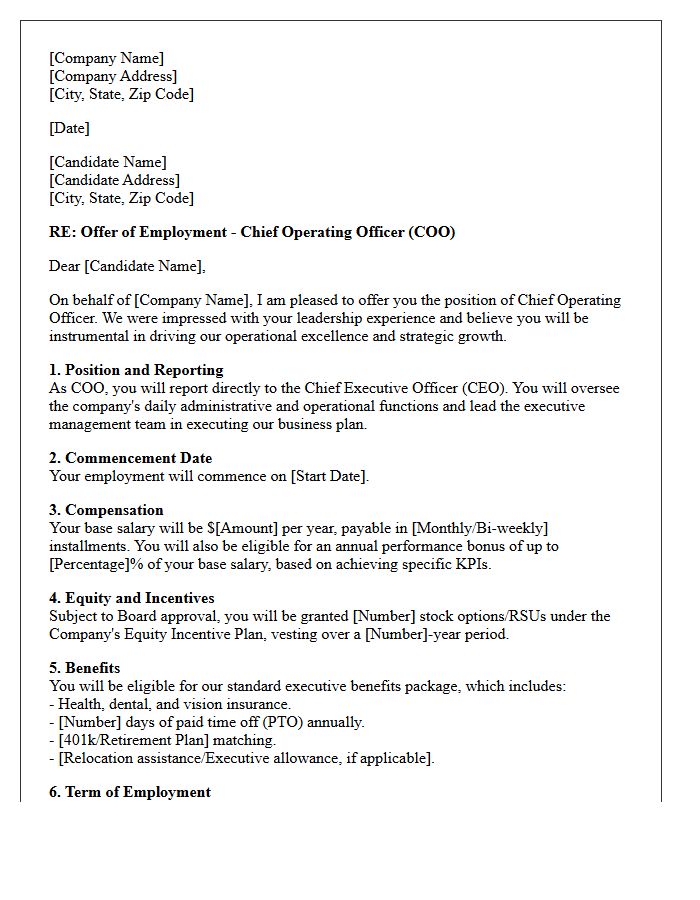 Chief Operating Officer Placement Offer Letter