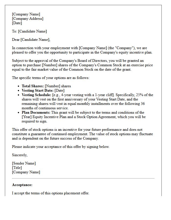 Early-Stage Startup Options Placement Offer Letter