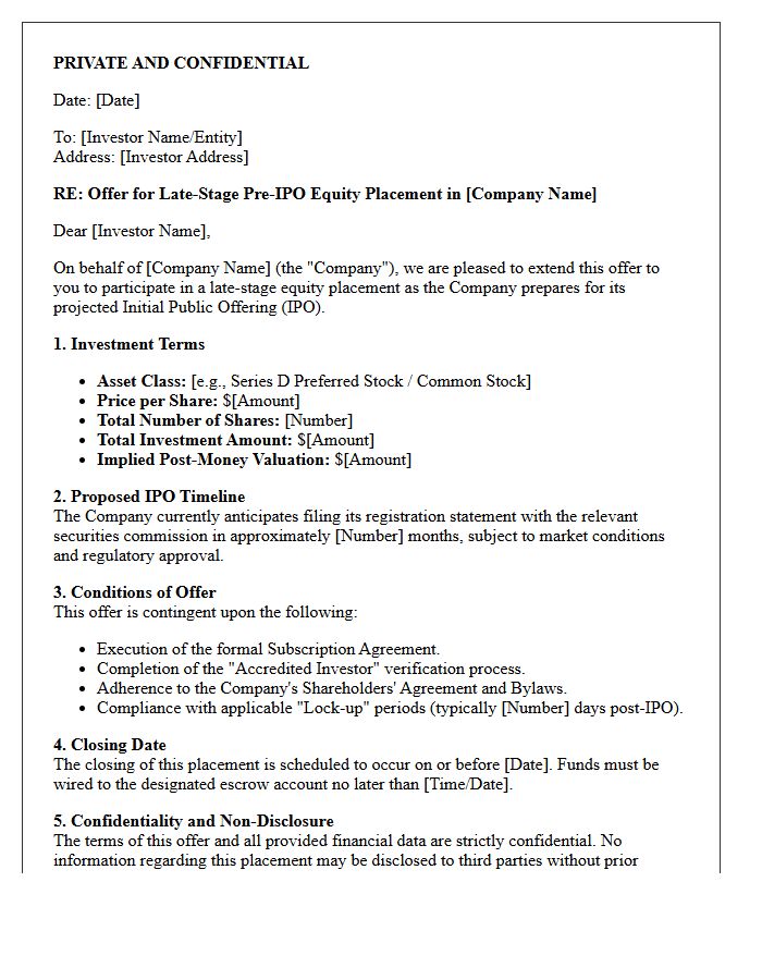 Late-Stage Pre-IPO Equity Placement Offer Letter