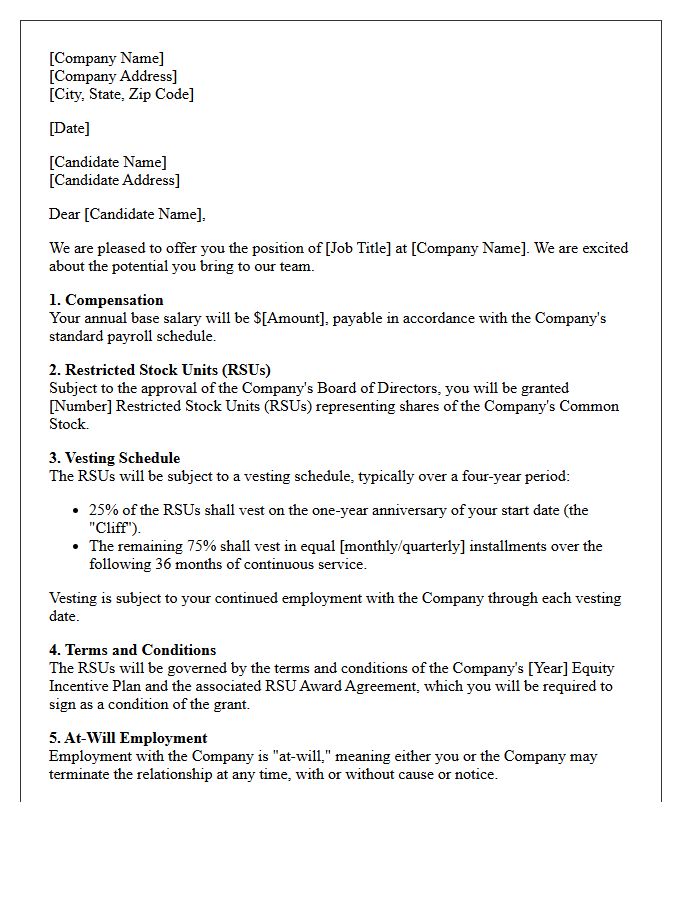 Restricted Stock Unit Startup Placement Offer Letter