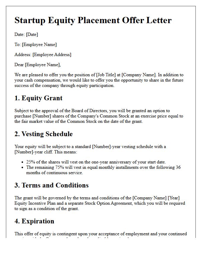 Standard Startup Employee Equity Placement Offer Letter