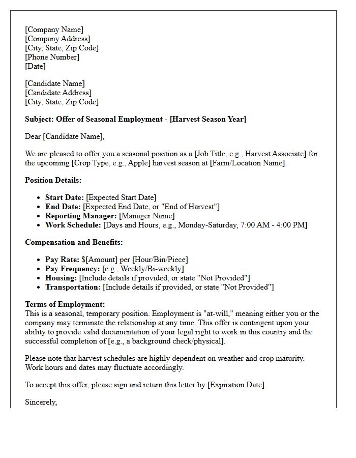 Agricultural Harvest Seasonal Employment Placement Offer Letter