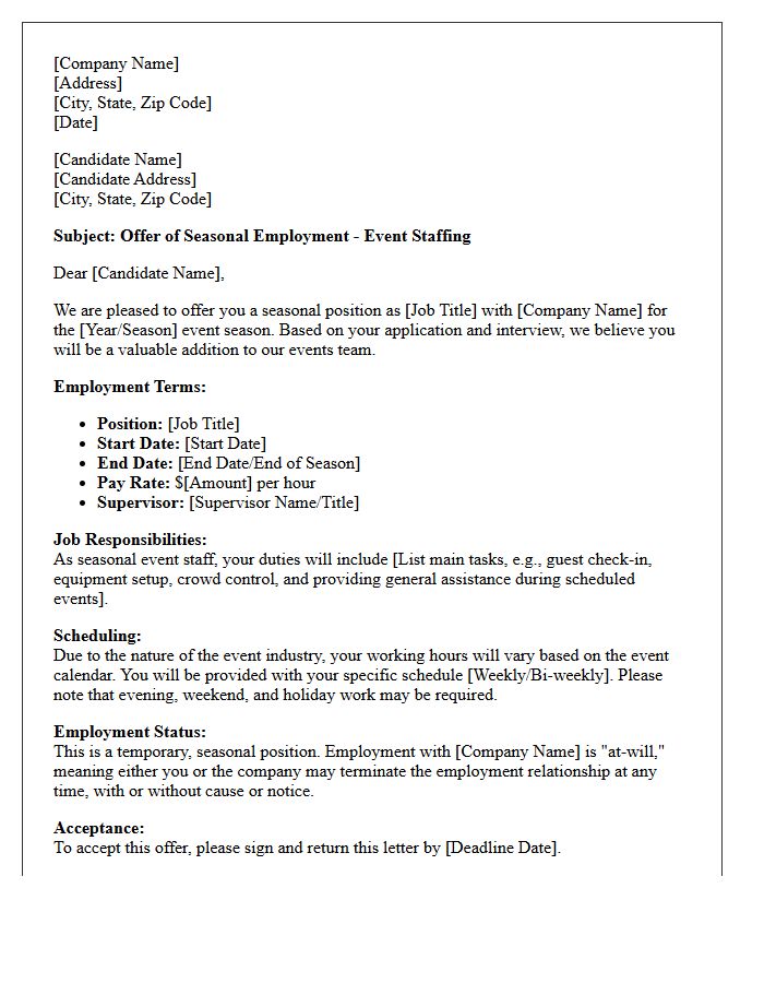 Event Staffing Seasonal Employment Placement Offer Letter