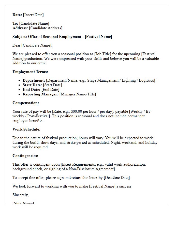 Festival Production Seasonal Employment Placement Offer Letter