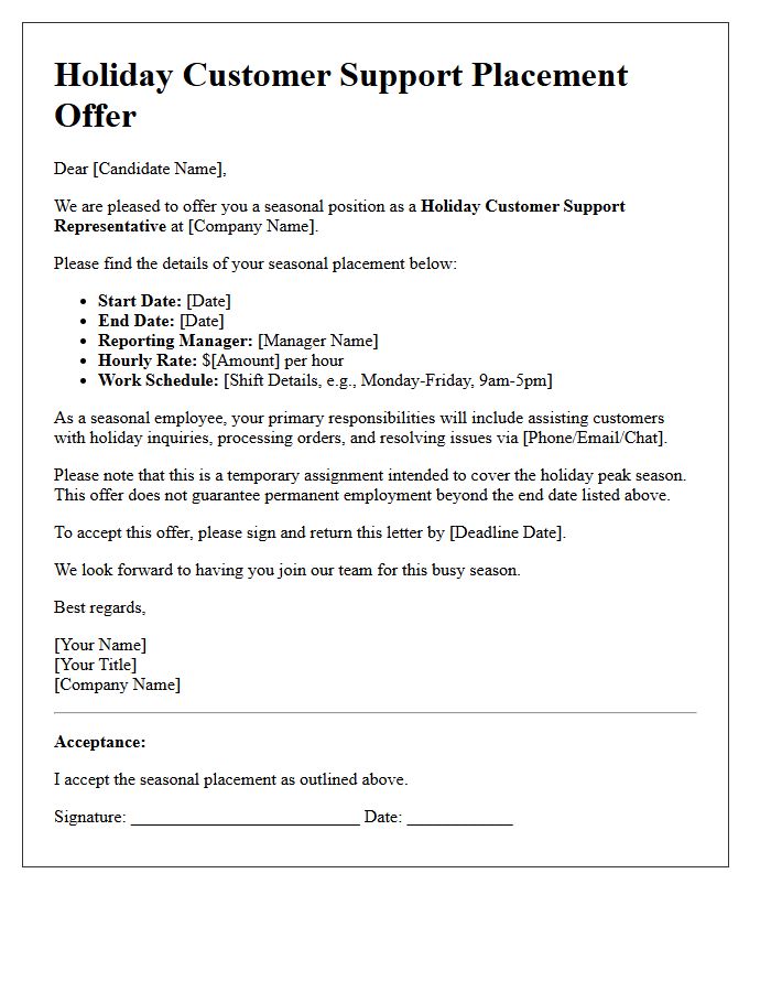 Holiday Customer Support Seasonal Employment Placement Offer Letter