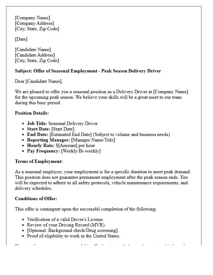 Peak Season Delivery Driver Seasonal Employment Placement Offer Letter