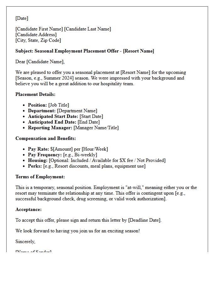 Resort Hospitality Seasonal Employment Placement Offer Letter
