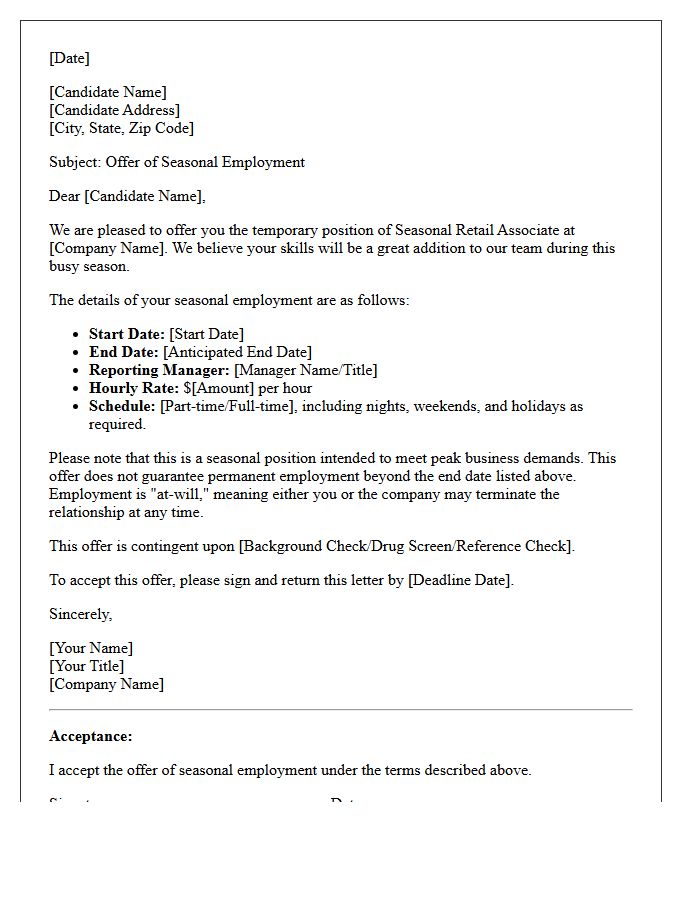 Retail Associate Seasonal Employment Placement Offer Letter