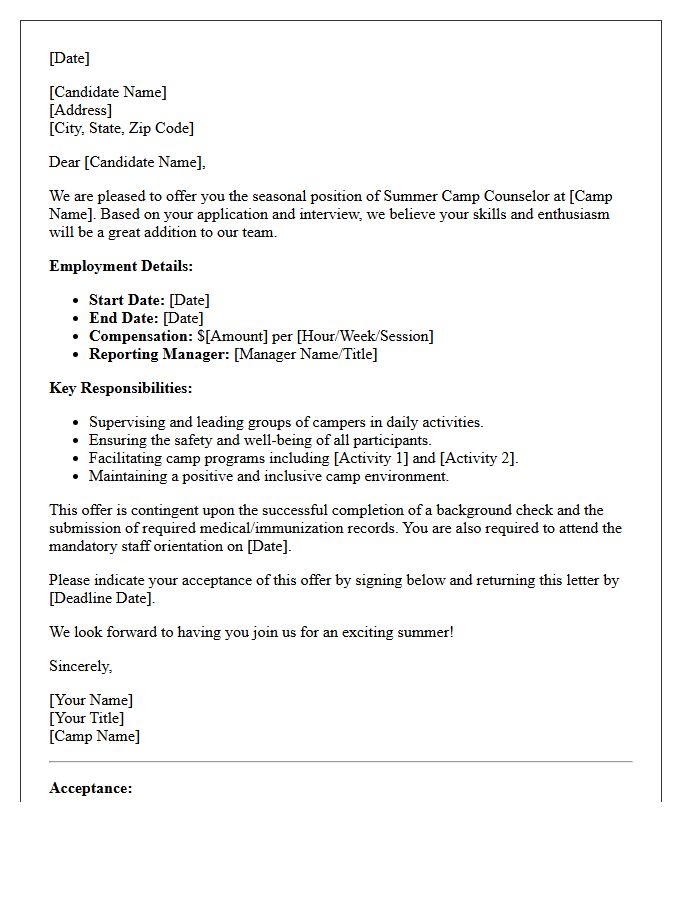 Summer Camp Counselor Seasonal Employment Placement Offer Letter