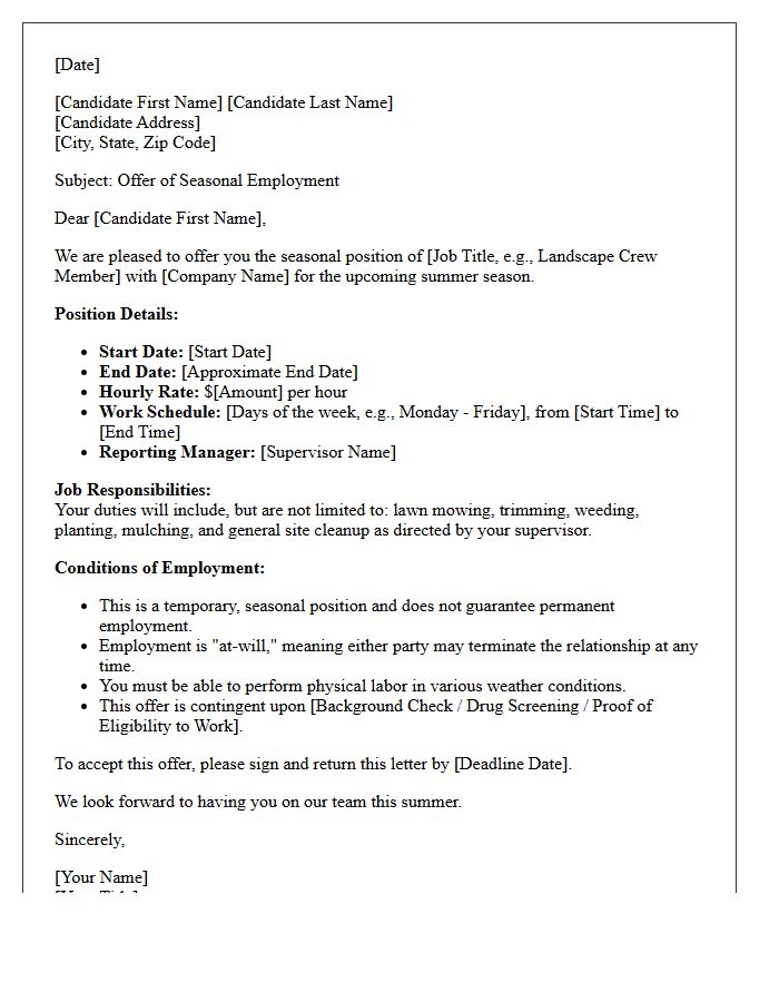 Summer Landscaping Seasonal Employment Placement Offer Letter